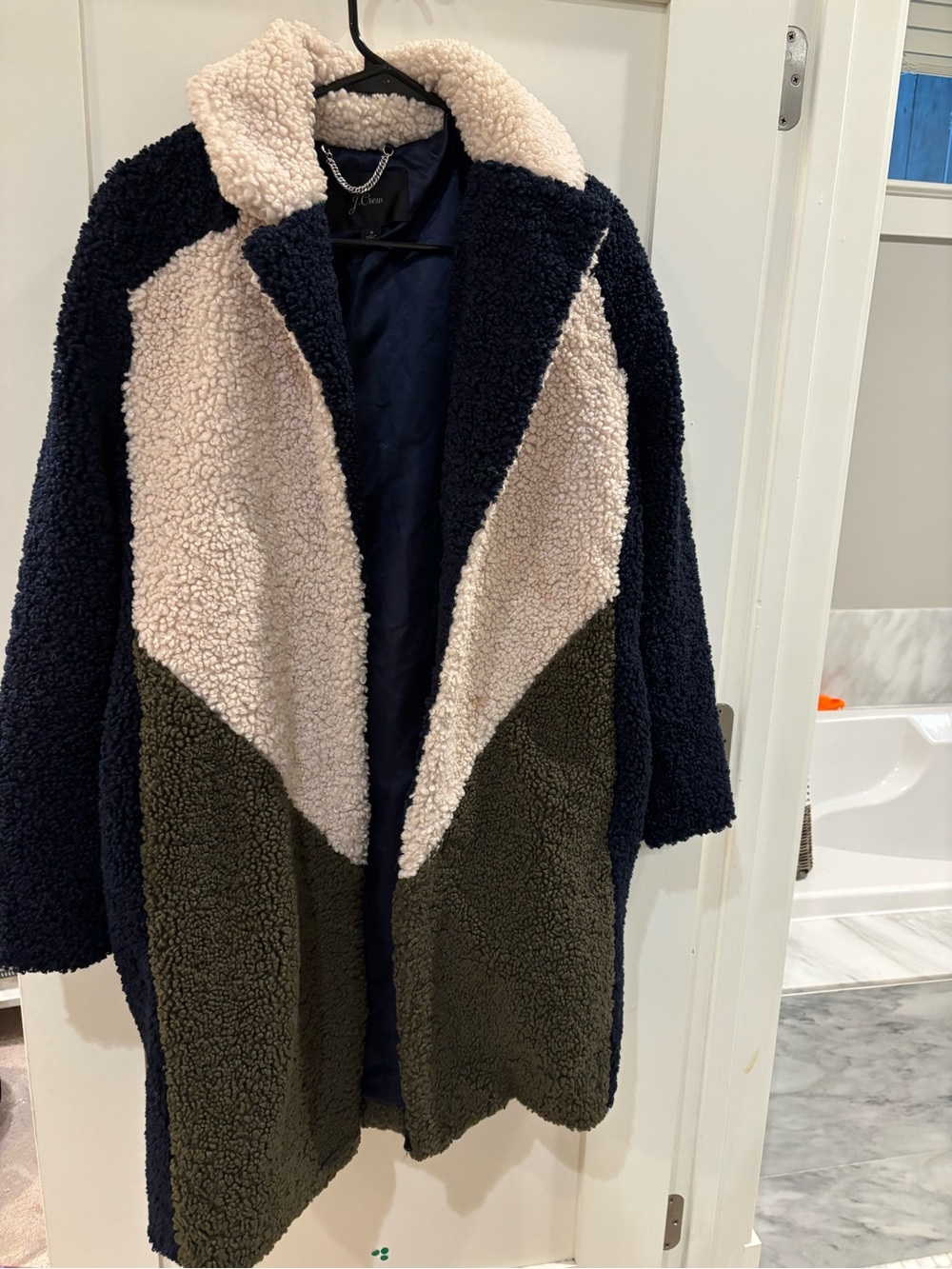 J.Crew 2015, Colorblock Teddy Coat - Navy, Cream & Olive (Gently used)
